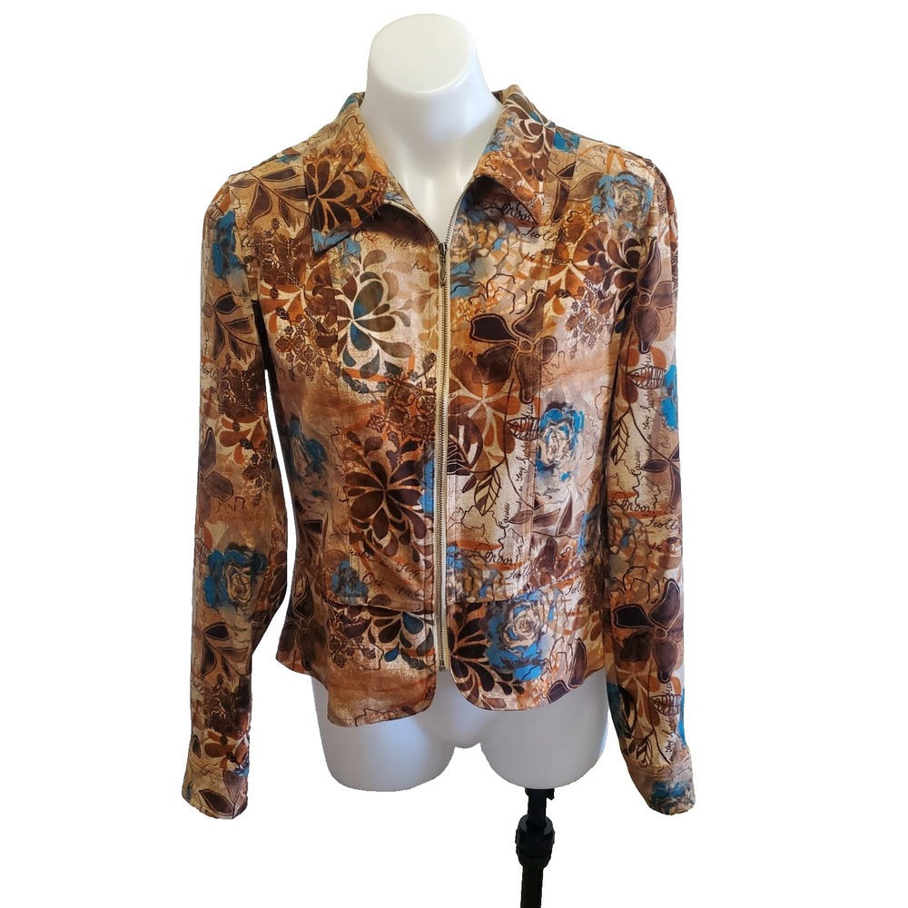 Christopher & Banks S Faux Suede Zip Jacket Y2K Floral Fall Artsy Brown Blue